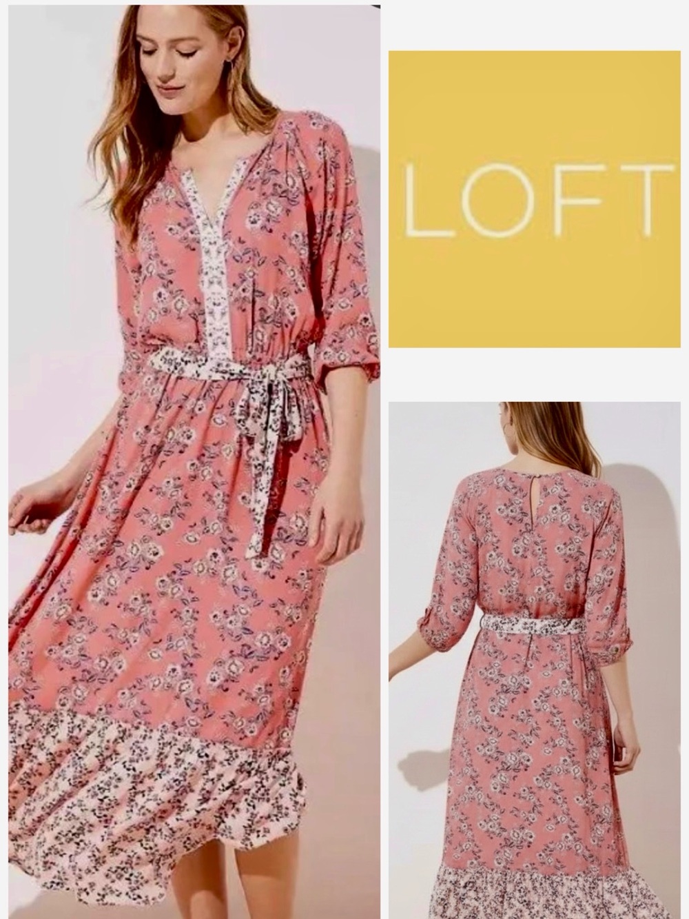 LOFT Coral-Pink Floral Patchwork Maxi Peasant Dress